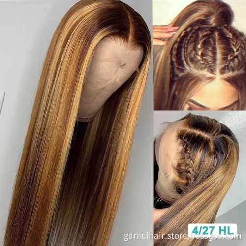 Highlight Straight Lace Front Wig P4/27 Honey Blonde Brown Pre Plucked Brazilian Remy Lace Frontal Human Hair Wigs For Women